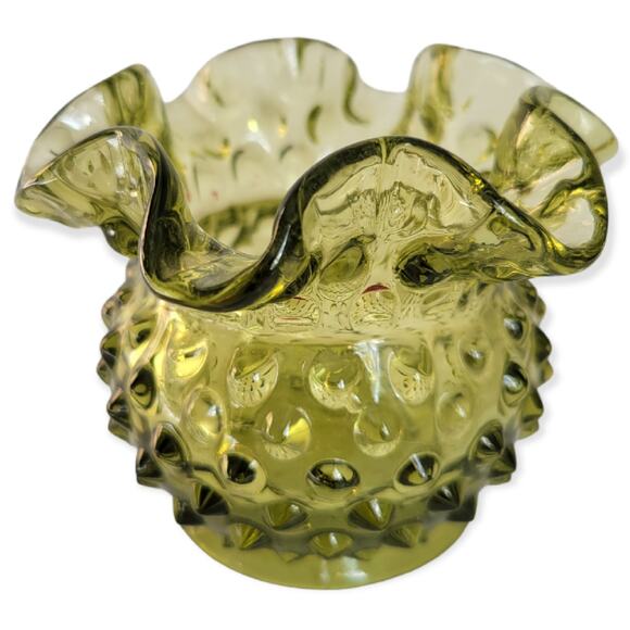 Vintage Fenton Posy Vase Colonial Green Hobnail Double Ruffle Edge Mid Century - Picture 1 of 7